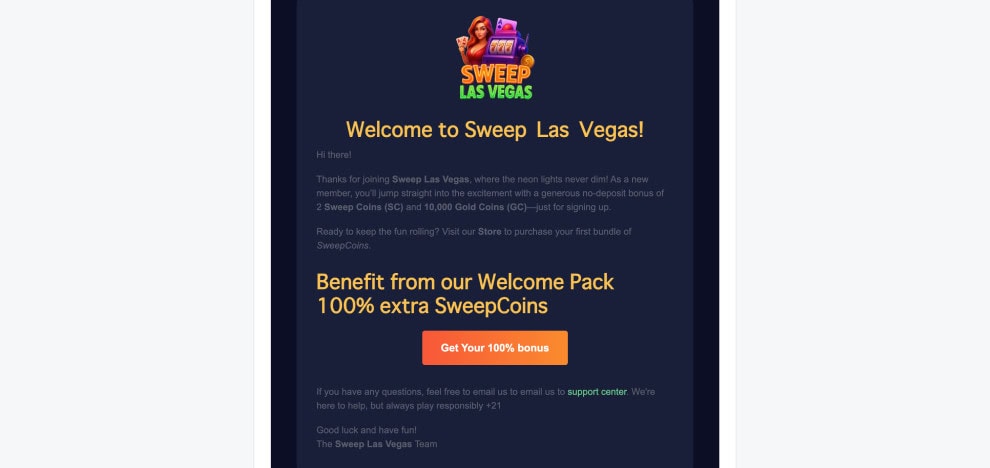 sweep las vegas welcome email